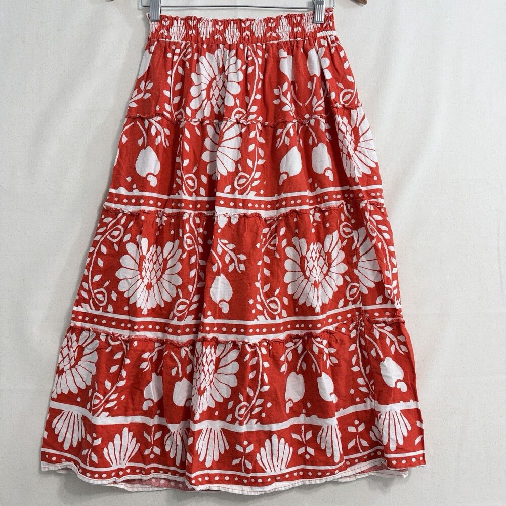 Haute Hippie white and red Linen Blend Floral Skirt, Size small